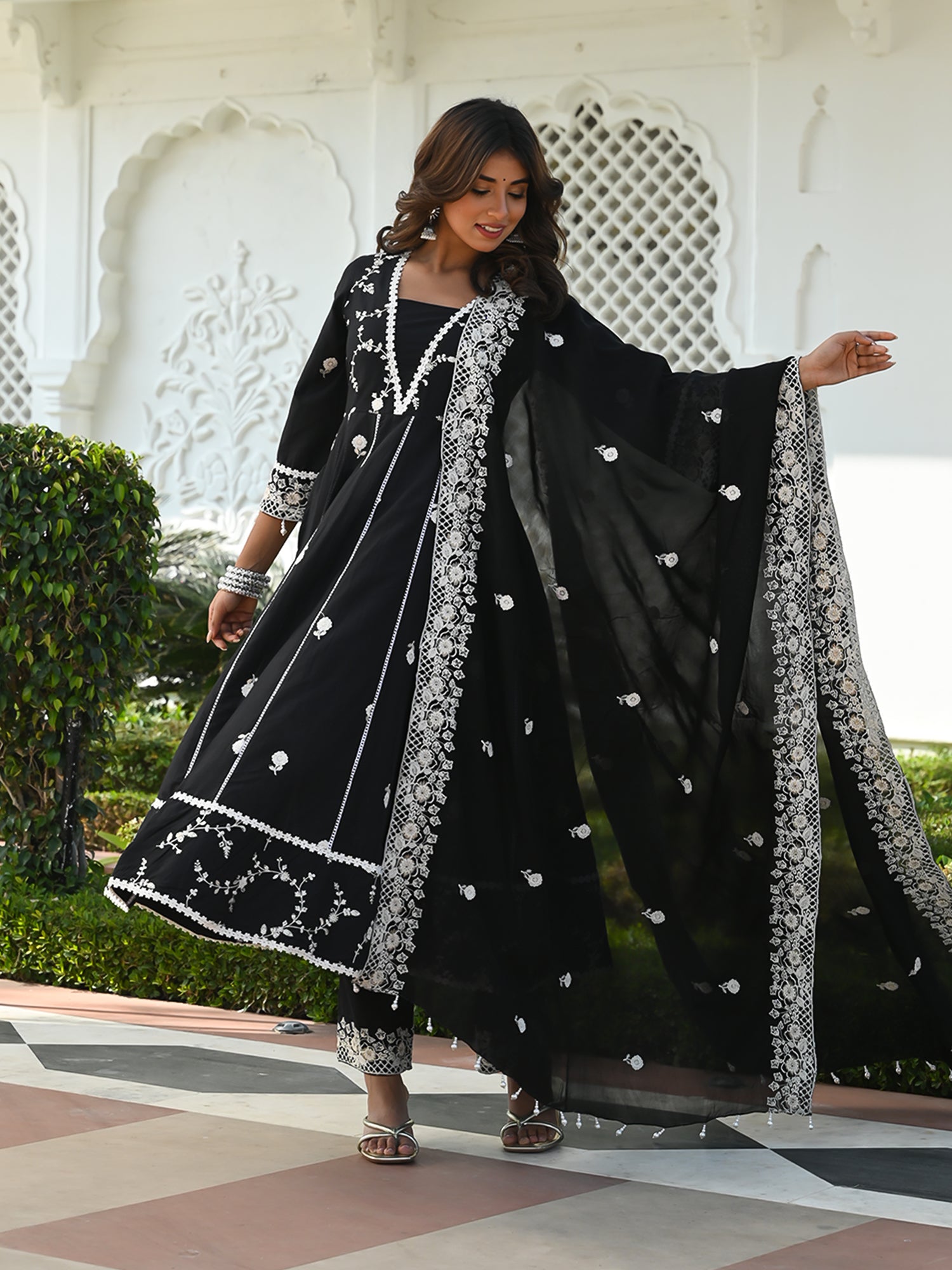 MULUML LUNA BLACK ANARKALI KURTA-PANT & DUPATTA SET