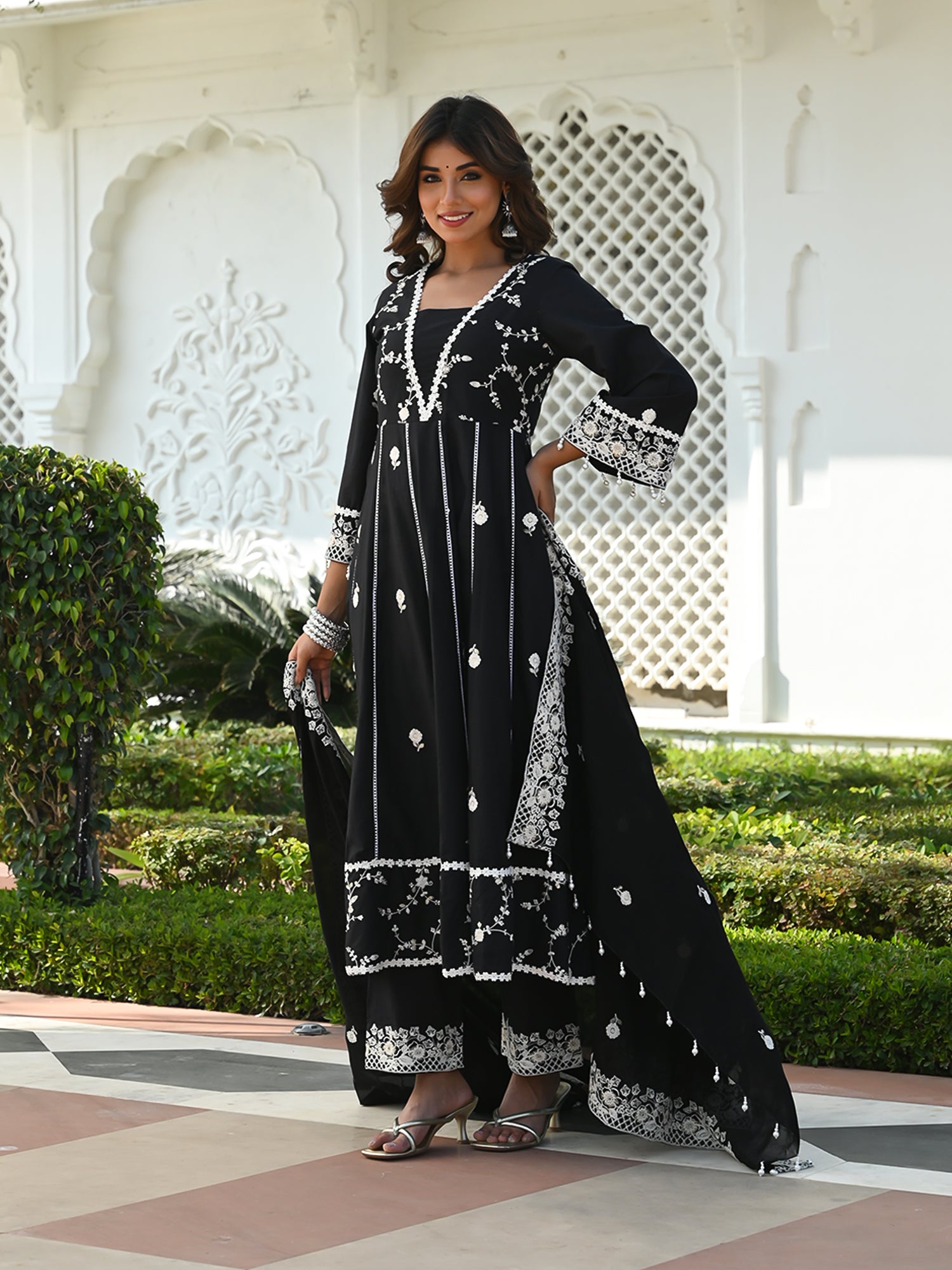 MULUML LUNA BLACK ANARKALI KURTA-PANT & DUPATTA SET