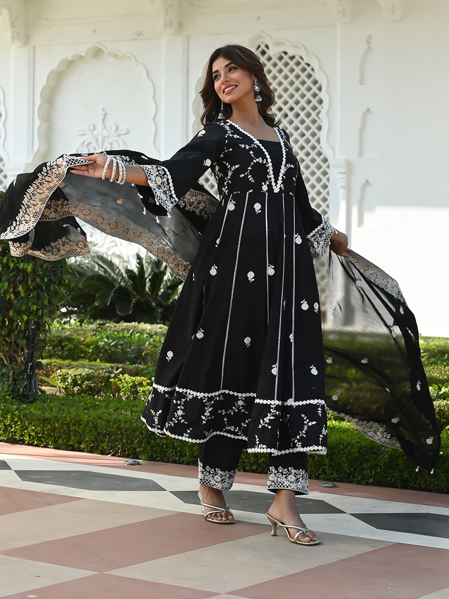 MULUML LUNA BLACK ANARKALI KURTA-PANT & DUPATTA SET