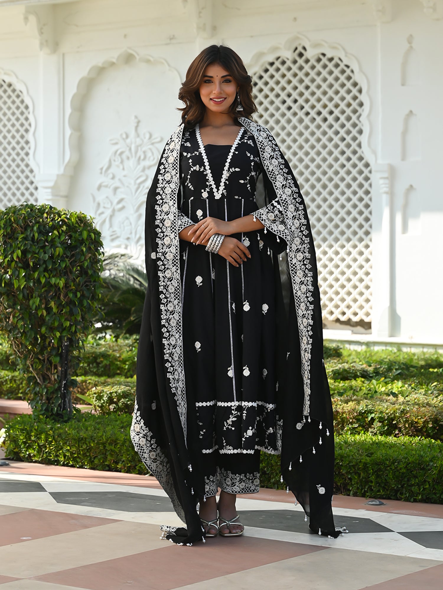 MULUML LUNA BLACK ANARKALI KURTA-PANT & DUPATTA SET