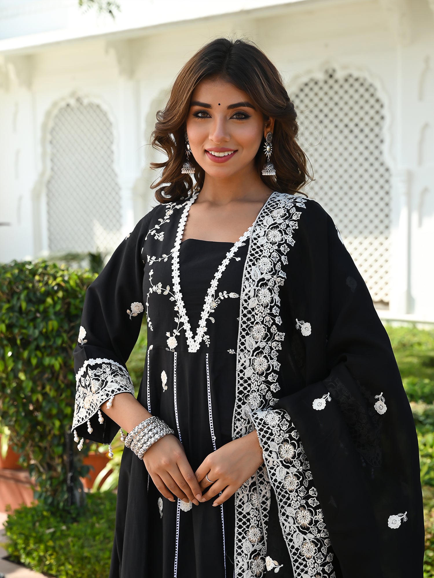 MULUML LUNA BLACK ANARKALI KURTA-PANT & DUPATTA SET