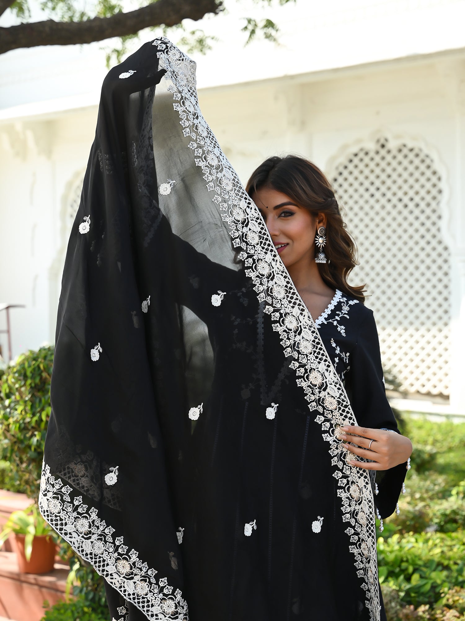 MULUML LUNA BLACK ANARKALI KURTA-PANT & DUPATTA SET