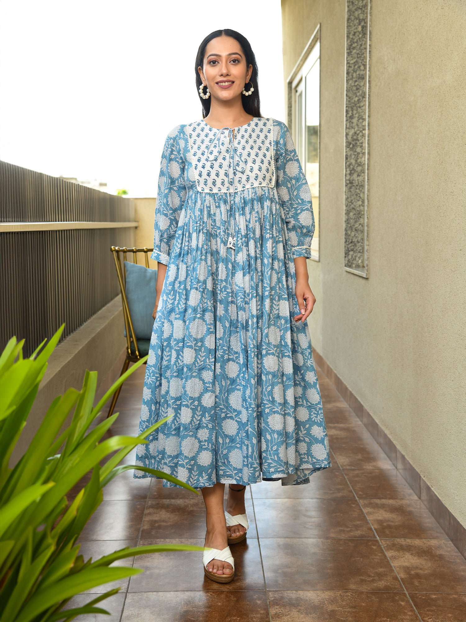 Sky Blue cotton mulmul layered long dress 2024