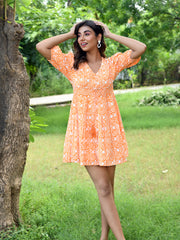 MULMUL ORANGE FRANGIPANI BLOCK PRINTED MINI DRESS