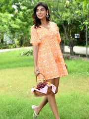 MULMUL ORANGE FRANGIPANI BLOCK PRINTED MINI DRESS