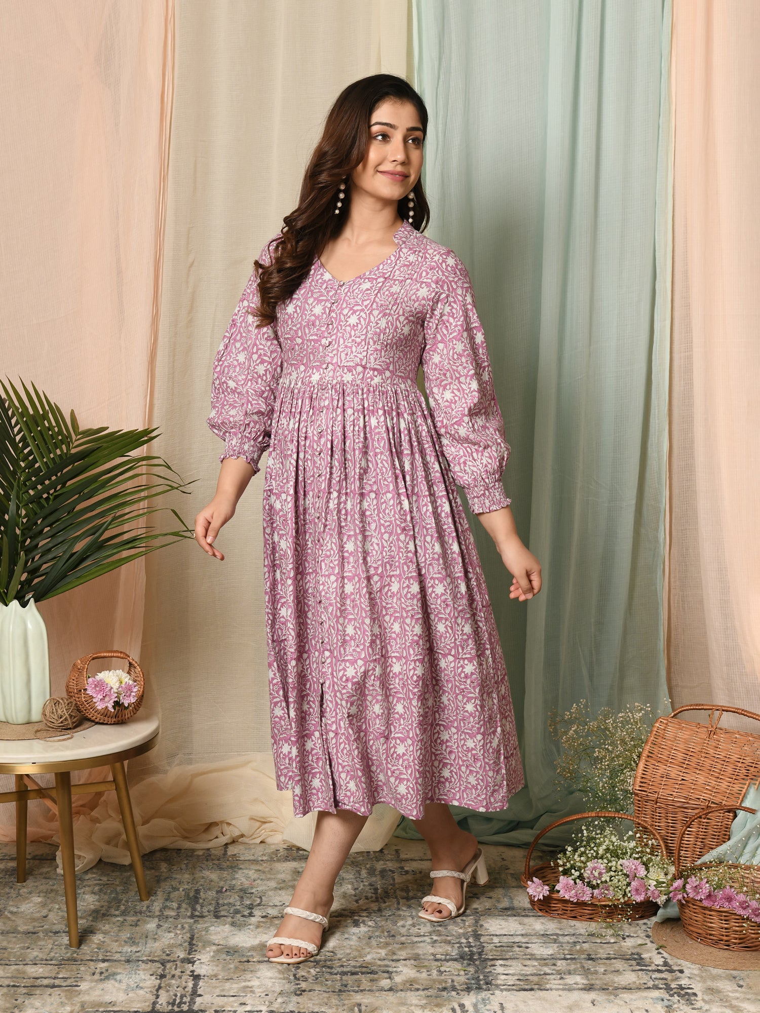 purple block print dress MULMUL Purple FLORAL JAAL BLOCK PRINTED DRESS 4XL / Purple / Cotton Satin