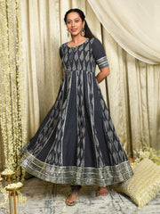 MULMUL AABHA GREY BLOCK PRINTED PANELED KURTA-PANTS & DUPATTA SET