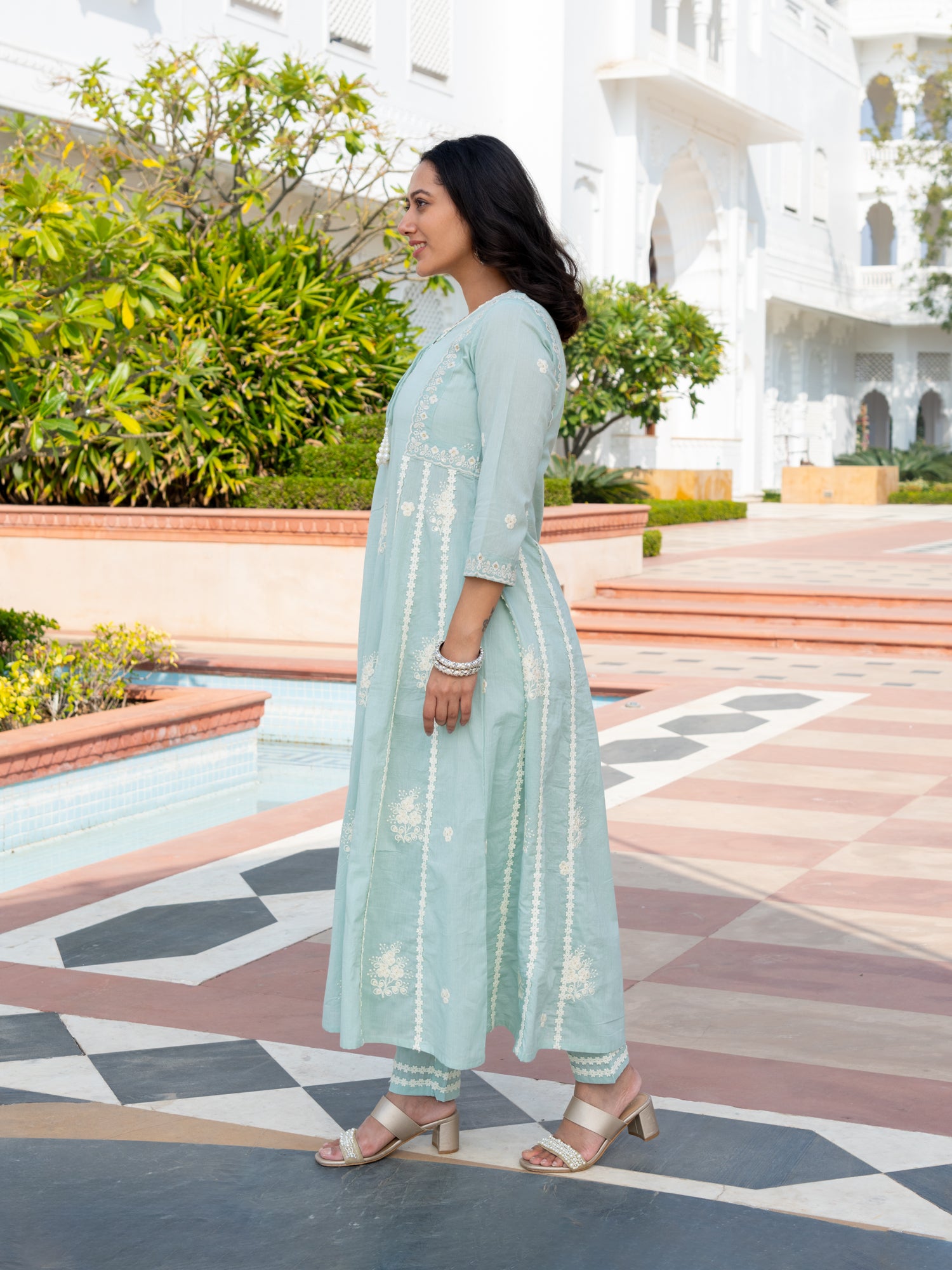 MULMUL INNAYAT SAGE GREEN EMBROIDERED FLARED KURTA-PANT SET