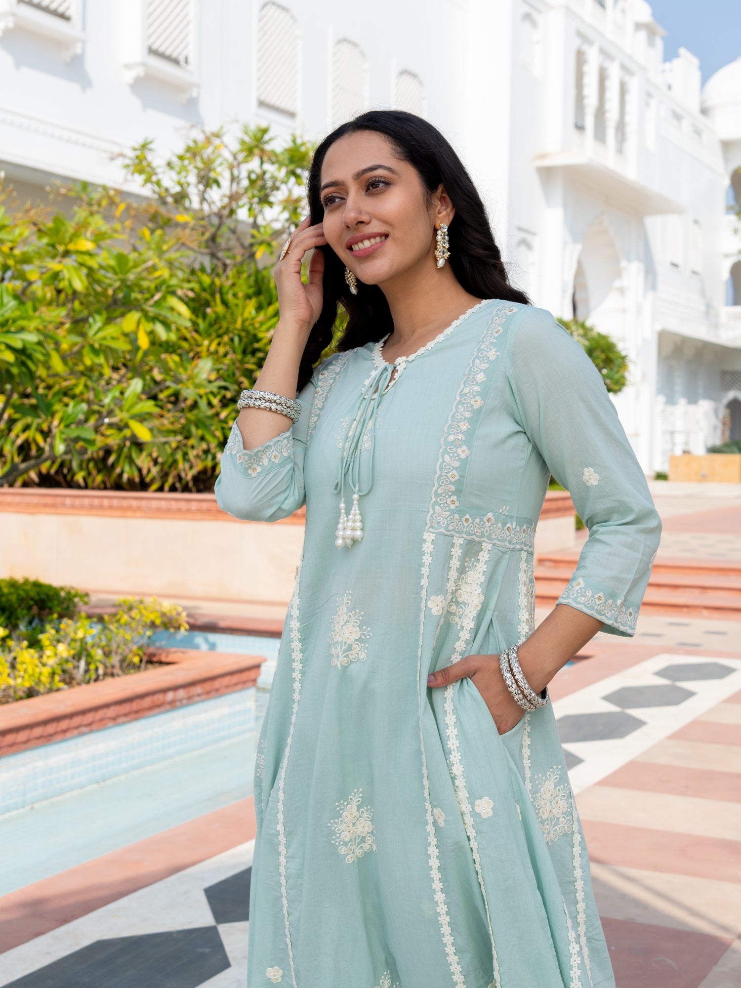 MULMUL INNAYAT SAGE GREEN EMBROIDERED FLARED KURTA-PANT SET