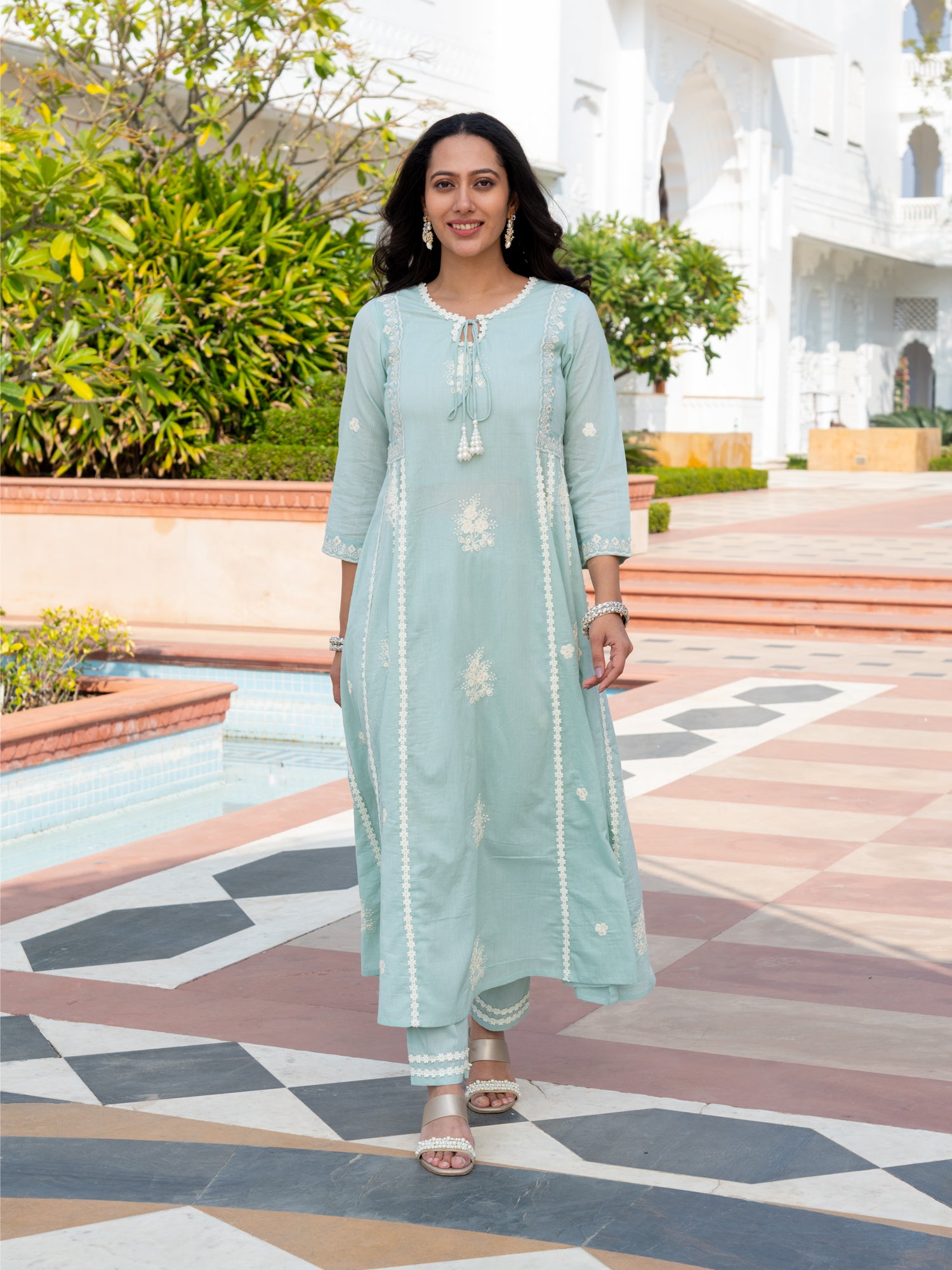 MULMUL INNAYAT SAGE GREEN EMBROIDERED FLARED KURTA-PANT SET