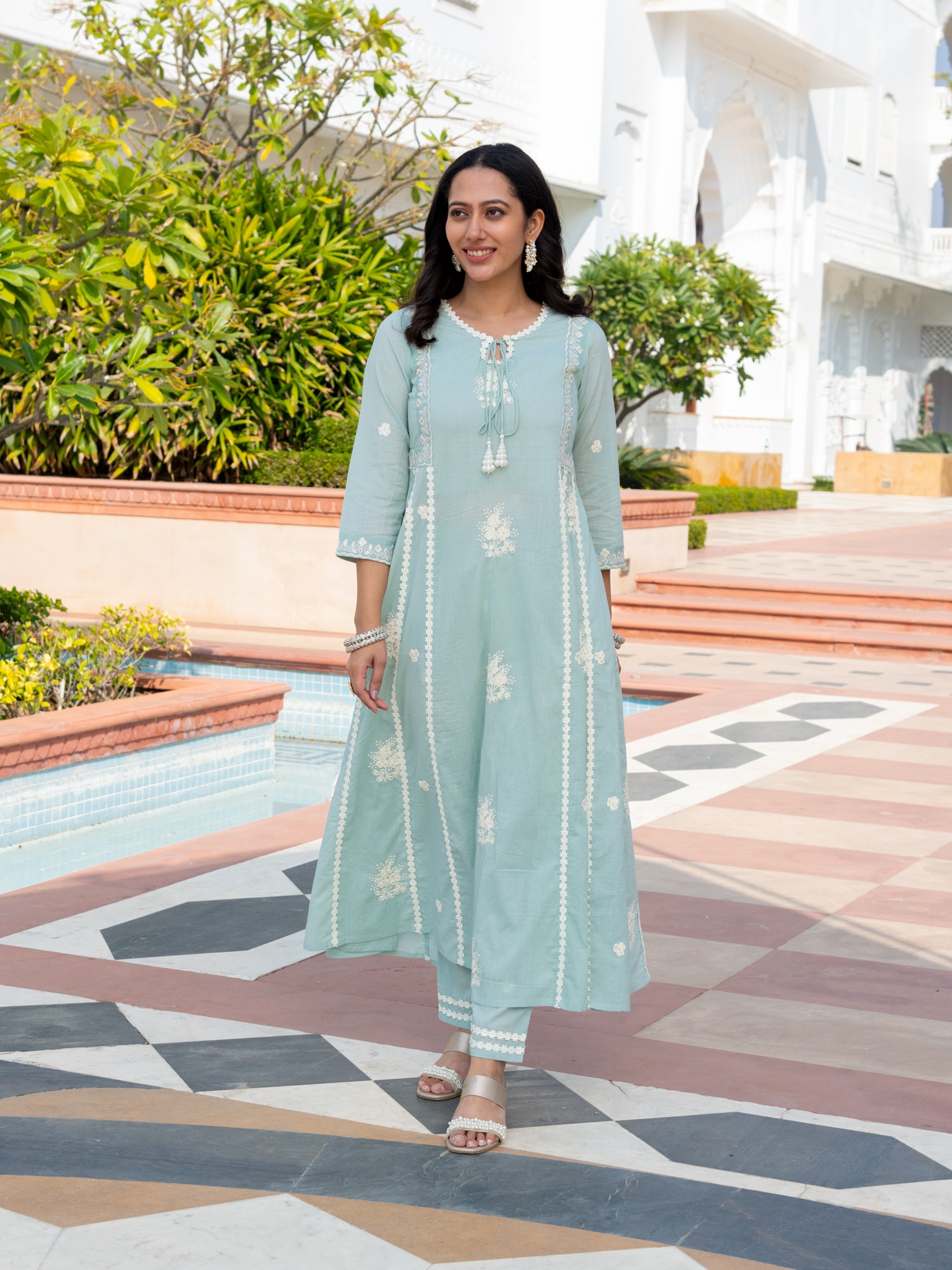 MULMUL INNAYAT SAGE GREEN EMBROIDERED FLARED KURTA-PANT SET