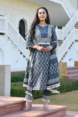 ADHUNA BLOCK PRINTED KURTA-PANTS & DUPATTA SET