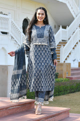 ADHUNA BLOCK PRINTED KURTA-PANTS & DUPATTA SET